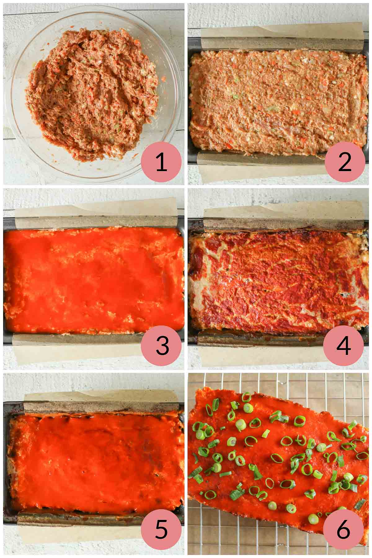 Collage of steps to make a buffalo chicken meatloaf recipe.