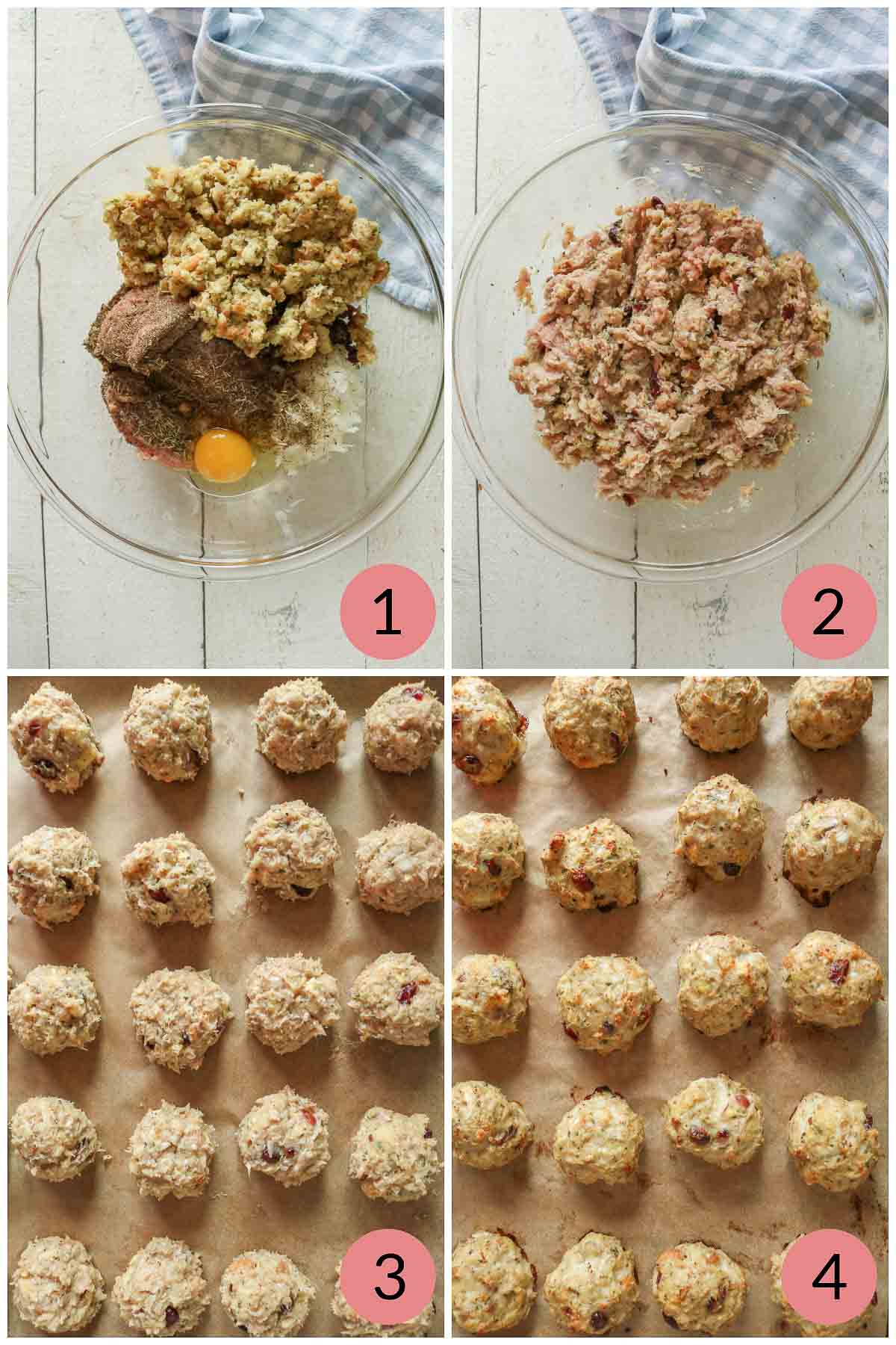 Collage of steps to make stuffing chicken meatballs.