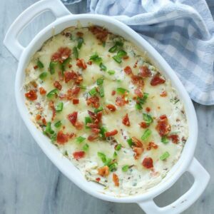 Bacon jalapeno dip in a baking dish.