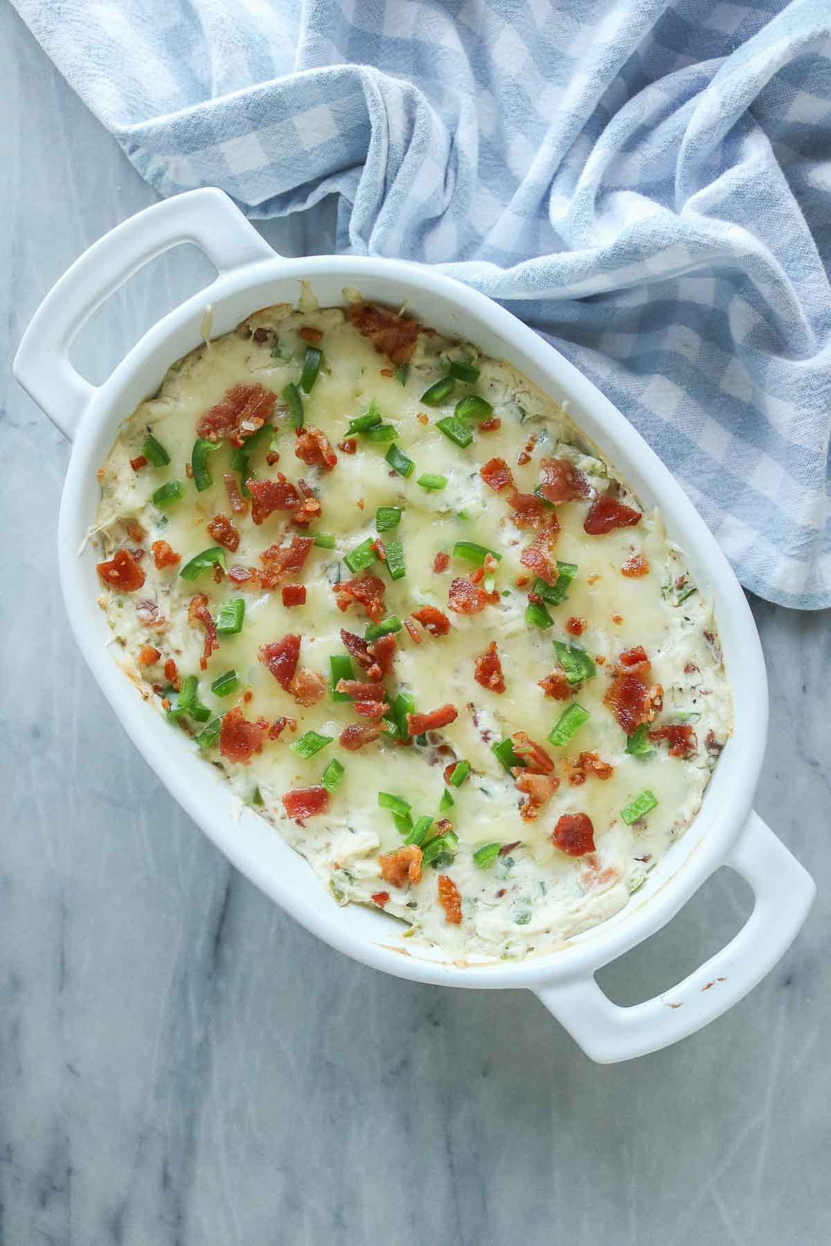 Bacon jalapeno dip in a baking dish.