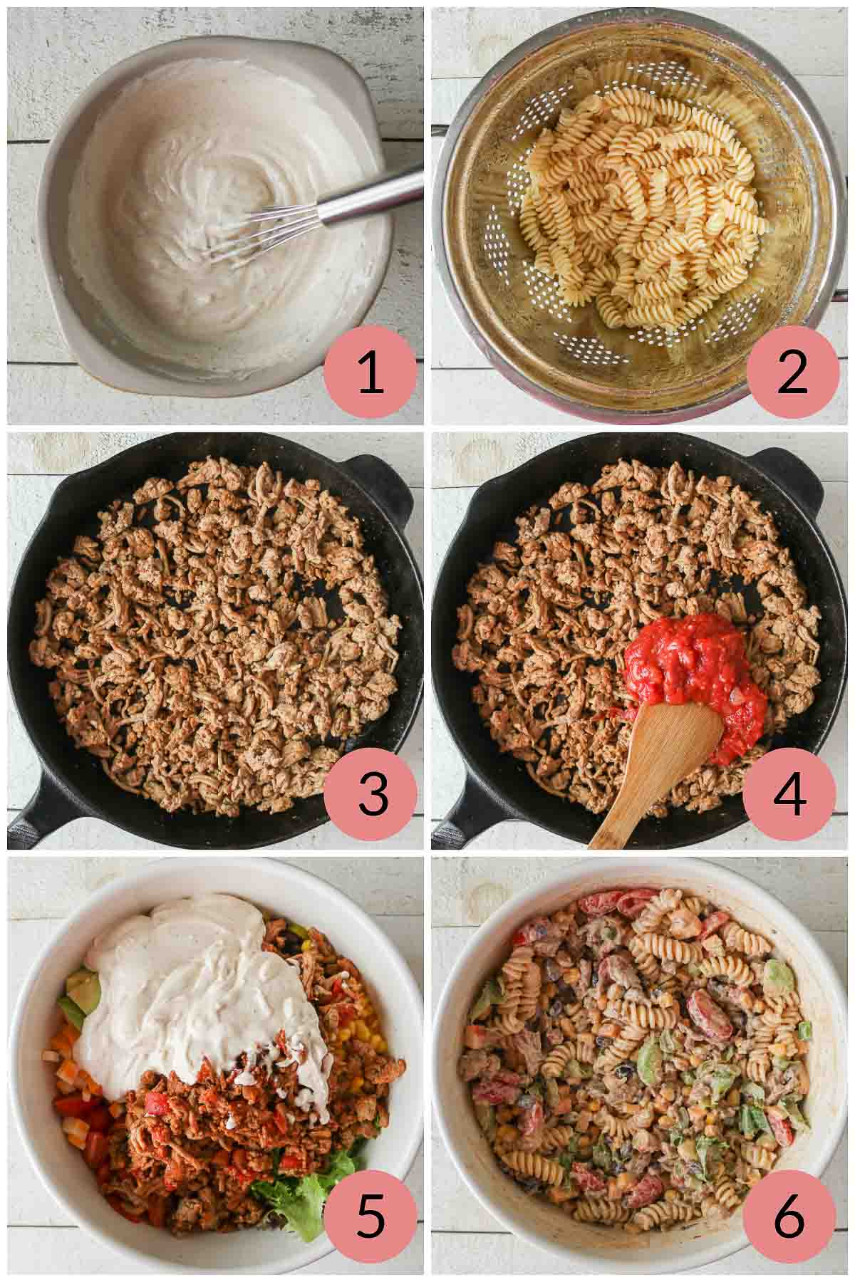 Collage of steps to make a taco pasta salad recipe.