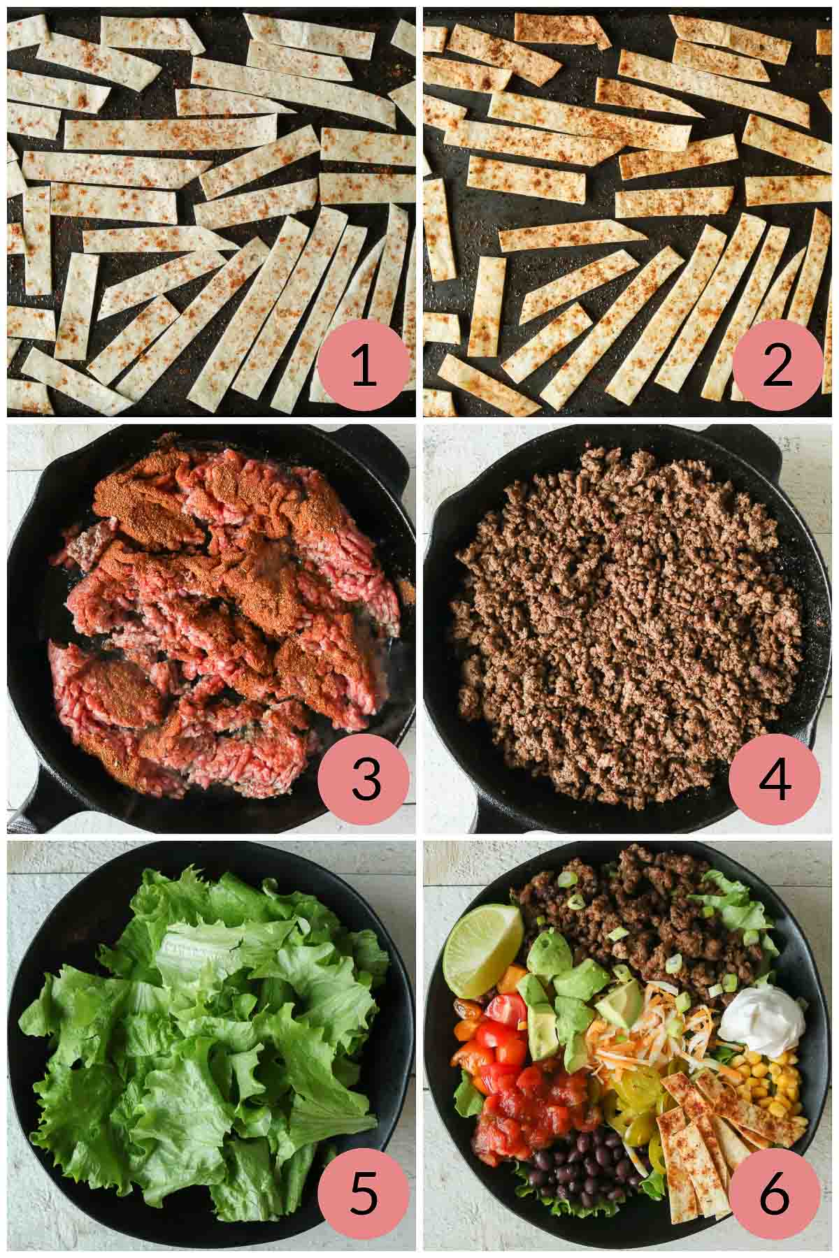 Collage of steps to make a taco salad recipe.
