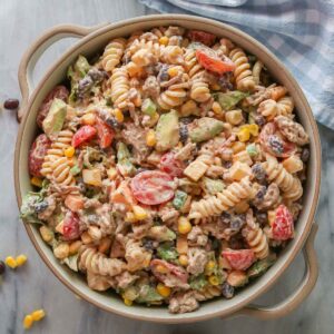 Taco pasta salad in a serving bowl.