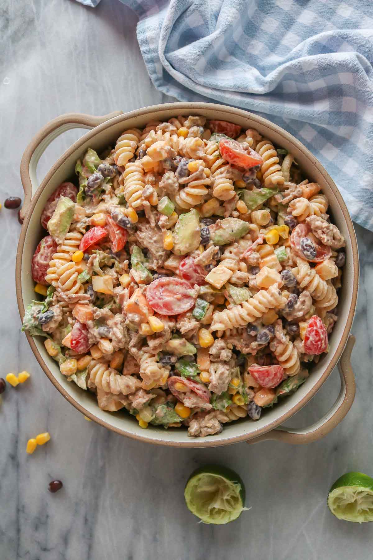 Taco pasta salad in a serving bowl.