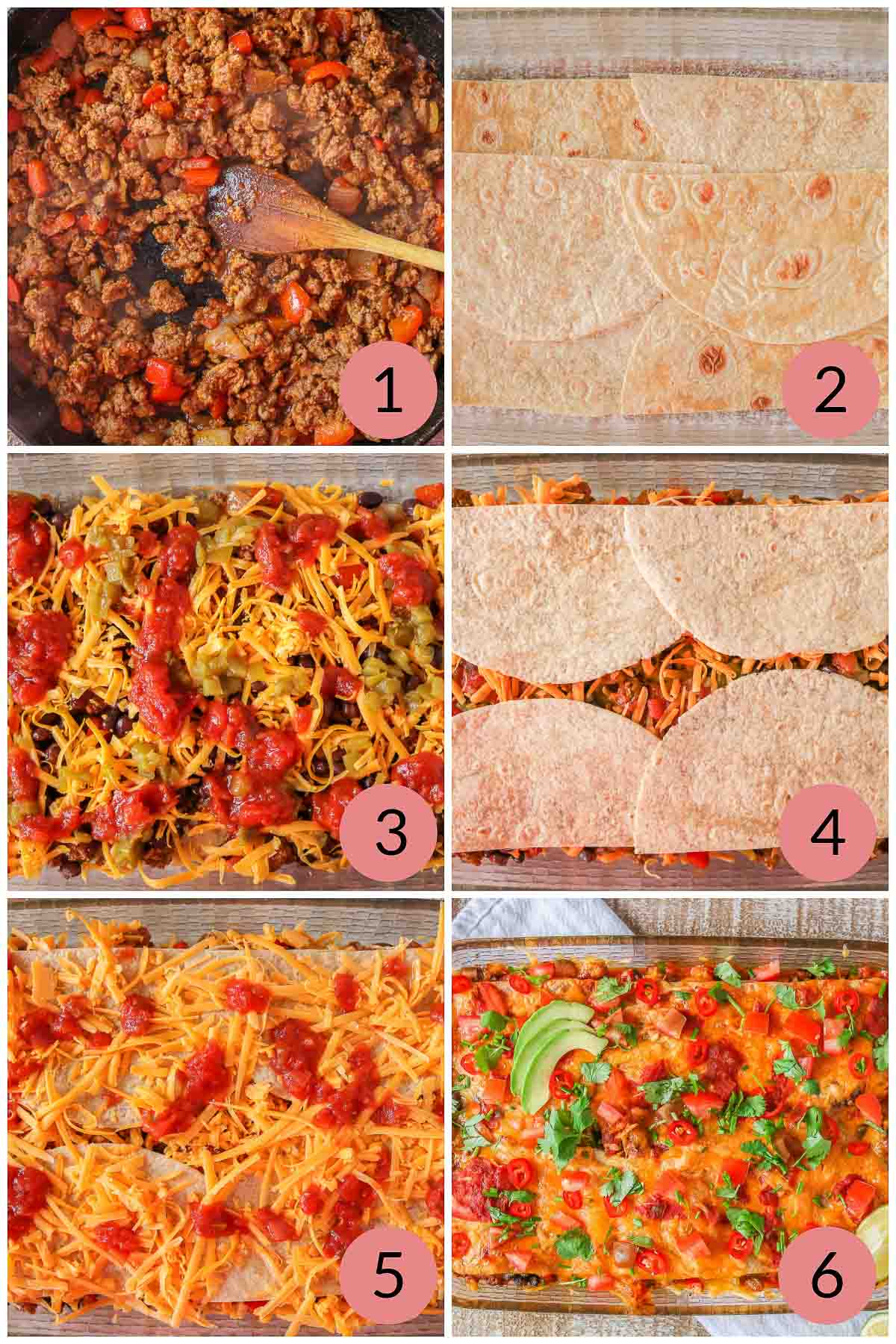 Collage of steps to make a turkey taco casserole recipe.