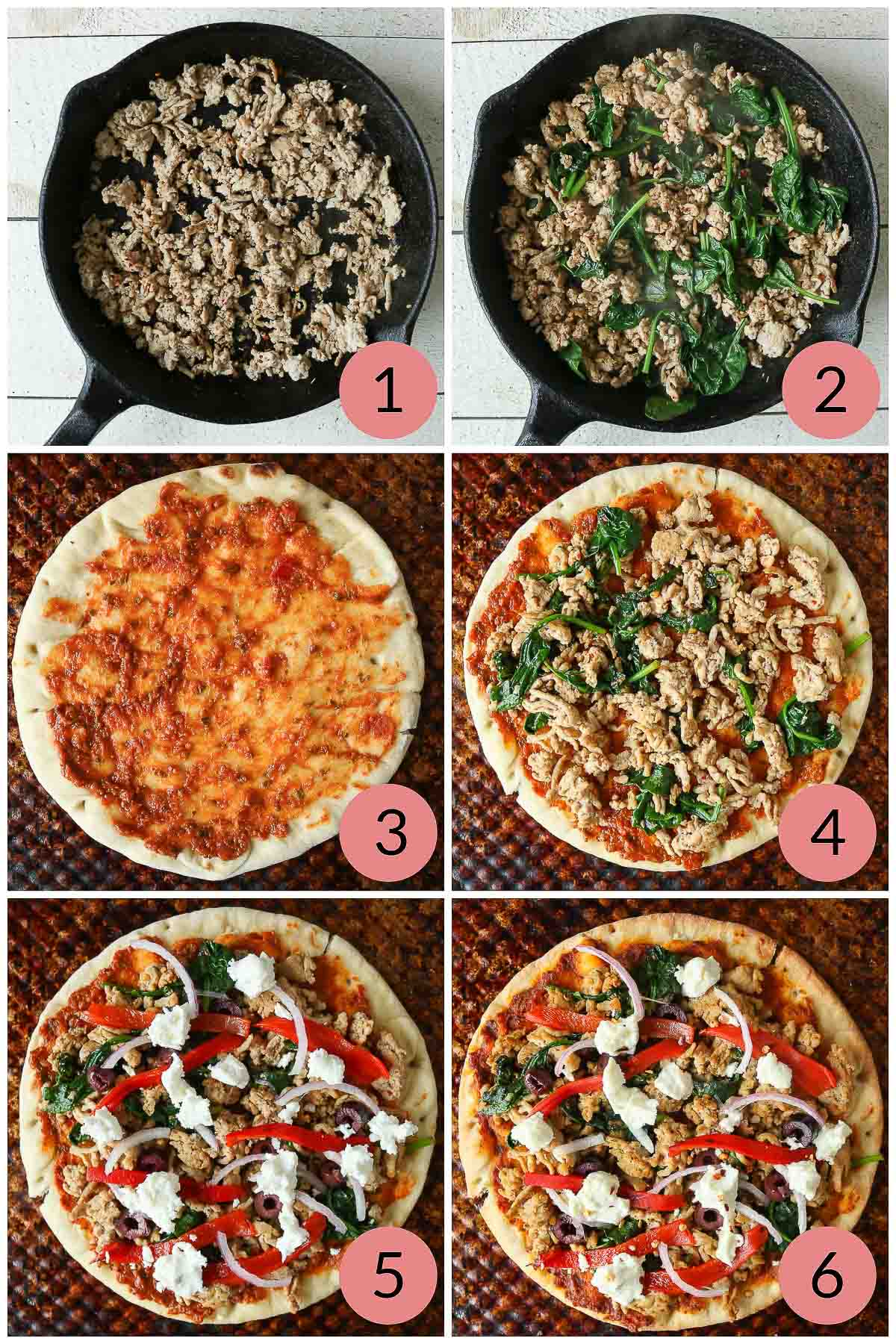 Collage of steps to make ground chicken pesto pizza with goat cheese.
