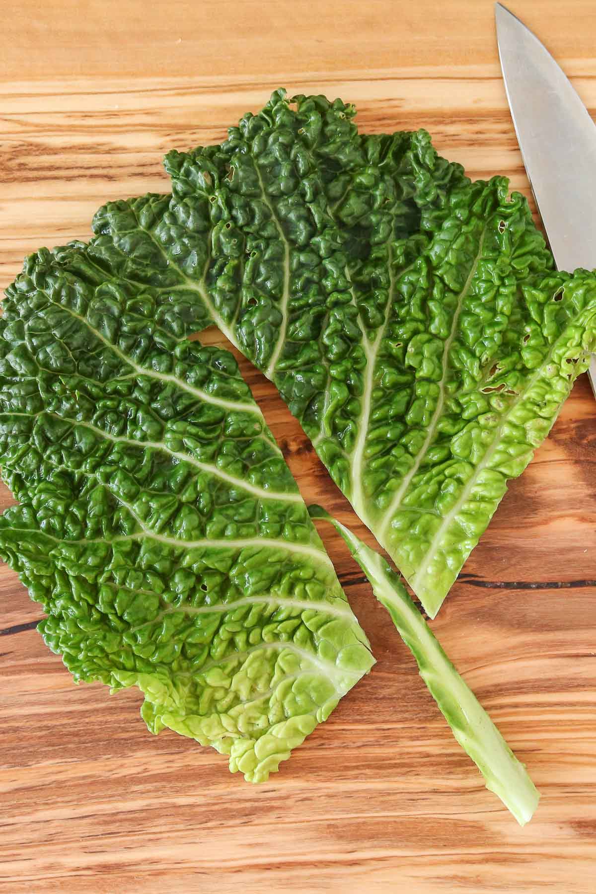 Core removed from a large leaf of cabbage.