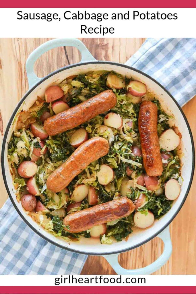 Sauté pan with four sausage, cabbage and potatoes.