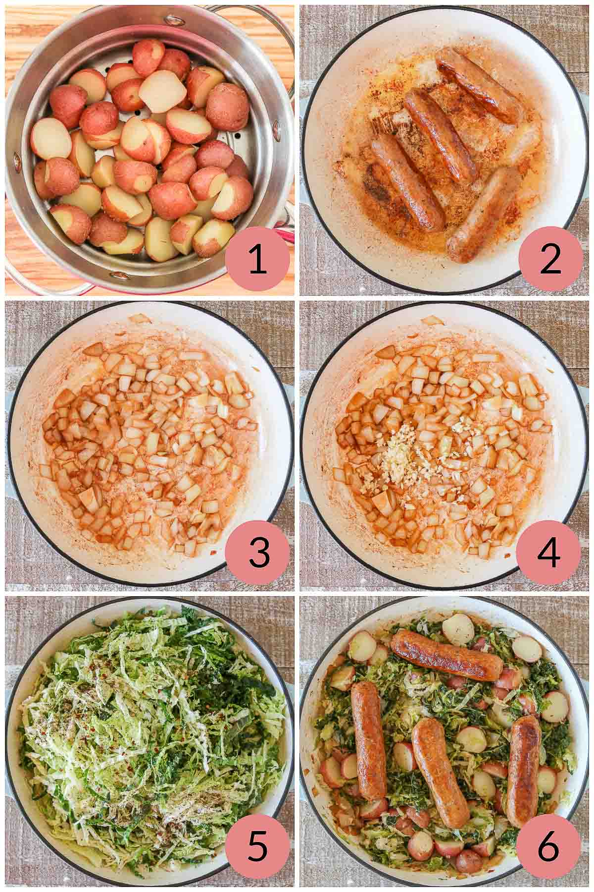 Collage of steps to make a recipe for sausage, cabbage and potatoes.