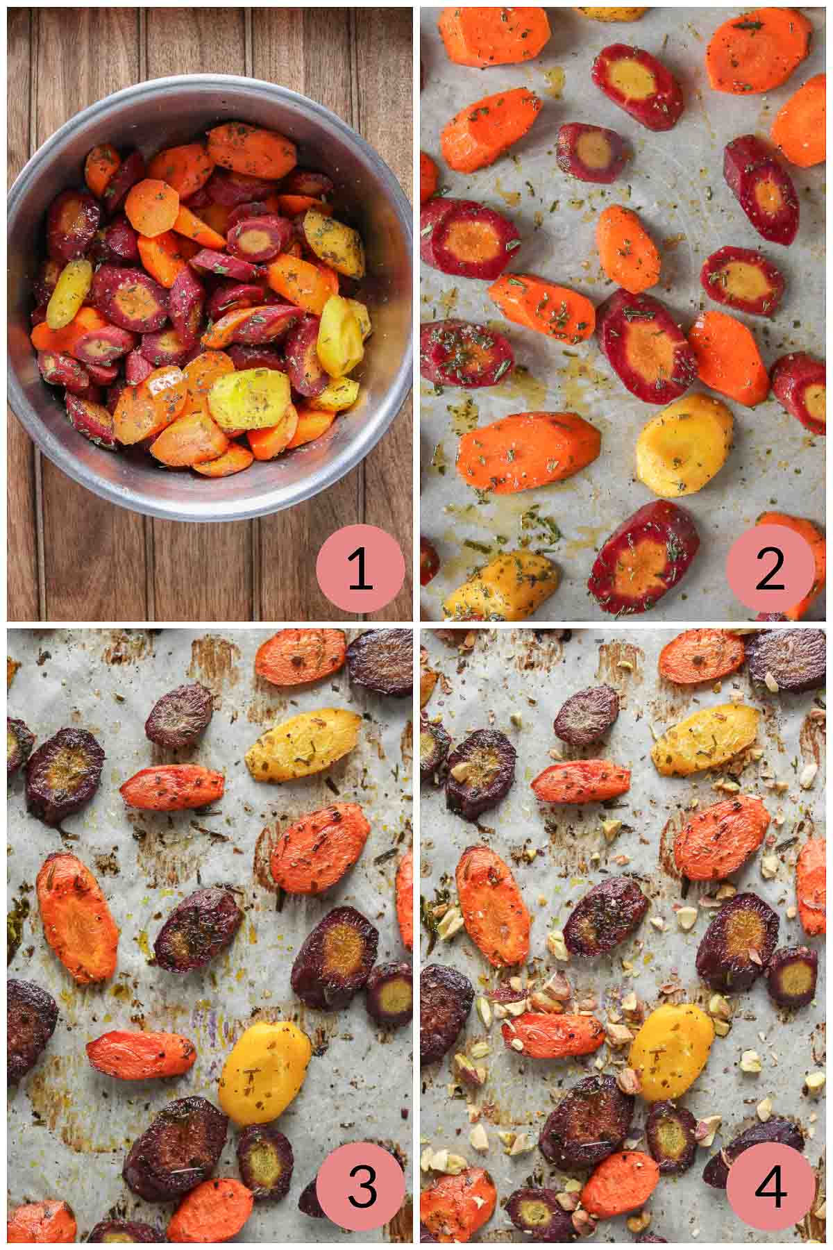 Collage of steps to make a roasted rainbow carrots recipe.